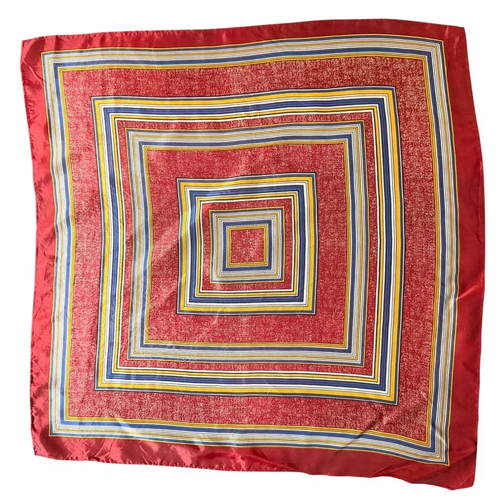 Vintage Red Geometric Square Scarf Yellow Blue Striped Border Silky Neck‎ Scarf